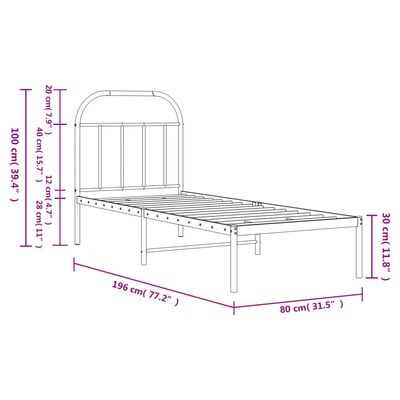 vidaXL Metal Bed Frame without Mattress with Headboard Black 75x190 cm Small Single