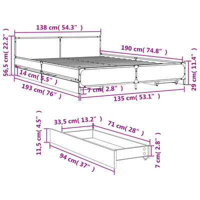 vidaXL Bed Frame with Drawers without Mattress Black 135x190 cm Double