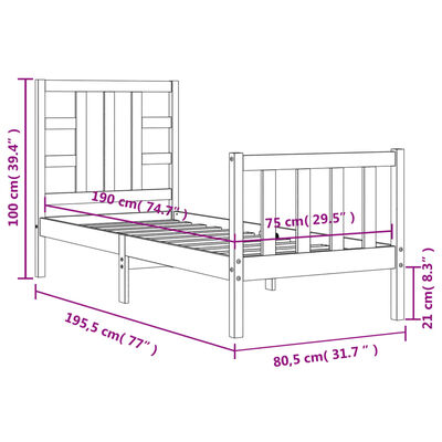 vidaXL Bed Frame without Mattress Black Small Single Solid Wood Pine