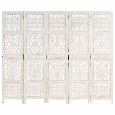 vidaXL Hand carved 5-Panel Room Divider White 200x165 cm Solid Mango Wood