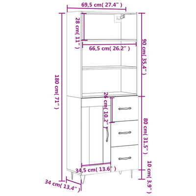 vidaXL Highboard Smoked Oak 69.5x34x180 cm Engineered Wood