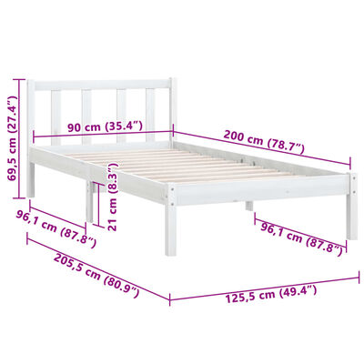 vidaXL Bed Frame without Mattress White Solid Wood 90x200 cm