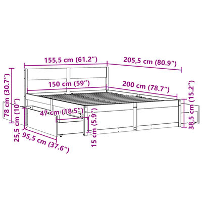 vidaXL Bed Frame without Mattress Wax Brown 150x200 cm King Size Solid Wood Pine