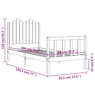 vidaXL Bed Frame with Headboard Grey 90x190 cm Single Solid Wood