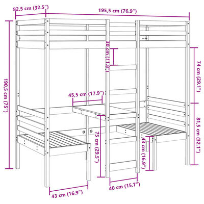 vidaXL Loft Bed Frame with Desk and Chairs White 75x190cm Solid Wood Pine