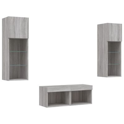 vidaXL 4 Piece TV Wall Cabinets with LED Lights Grey Sonoma