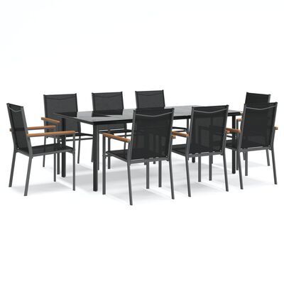 vidaXL 9 Piece Garden Dining Set Black Textilene and Steel