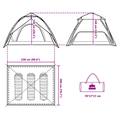 vidaXL Camping Tent Dome 3-Person Grey and Orange Quick Release