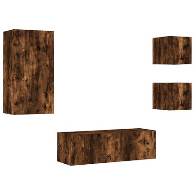 vidaXL 4 Piece TV Wall Cabinets with LED Lights Smoked Oak