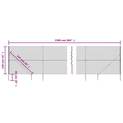 vidaXL Chain Link Fence with Spike Anchors Silver 1.4x25 m