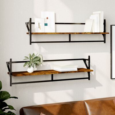 vidaXL Wall Shelves with Bars 2 pcs Smoked Oak 100x25x30 cm