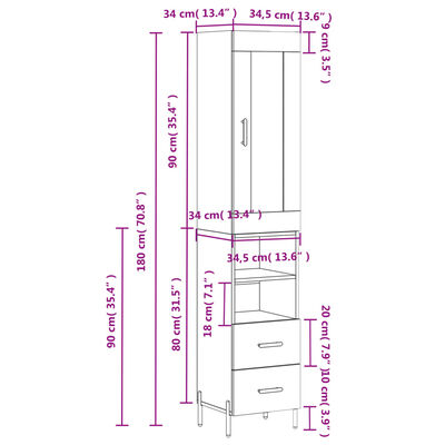 vidaXL Highboard White 34.5x34x180 cm Engineered Wood