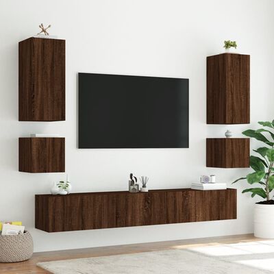 vidaXL TV Wall Cabinet with LED Lights Brown Oak 100x35x41 cm