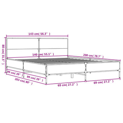 vidaXL Bed Frame without Mattress Grey Sonoma 140x200 cm