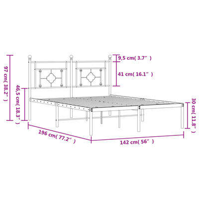 vidaXL Metal Bed Frame without Mattress with Headboard Black 135x190 cm Double