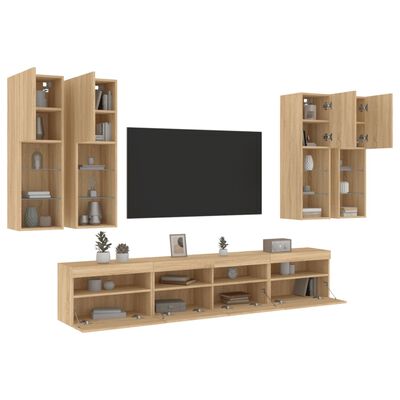 vidaXL 7 Piece TV Wall Cabinet Set with LED Lights Sonoma Oak