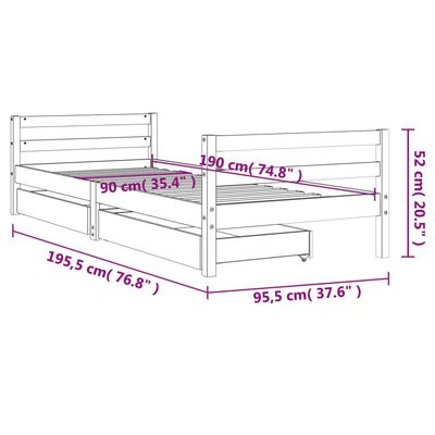 vidaXL Kids Bed Frame with Drawers 90x190 cm Solid Wood Pine