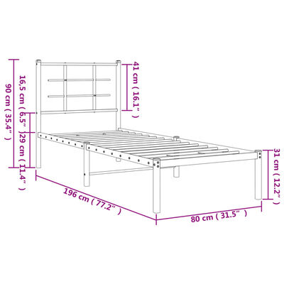 vidaXL Metal Bed Frame without Mattress with Headboard White 75x190 cm Small Single