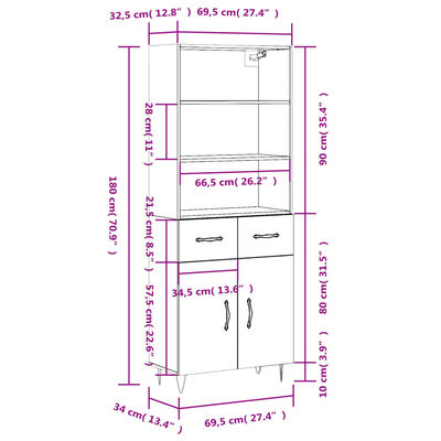 vidaXL Highboard Smoked Oak 69.5x34x180 cm Engineered Wood