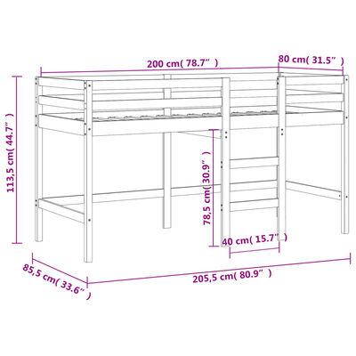 vidaXL Kids' Loft Bed with Curtains without Mattress White&Black 80x200 cm