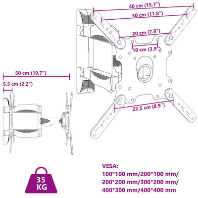 vidaXL TV Wall Mount for 32-55 Inch Screen Max VESA 400x400 mm 35kg