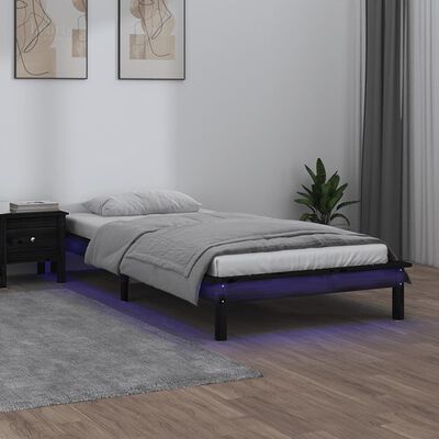 vidaXL LED Bed Frame without Mattress Black 75x190 cm Small Single Solid Wood