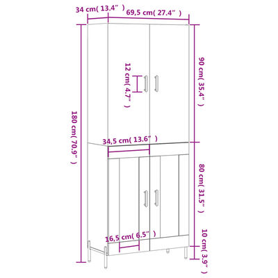 vidaXL Highboard White 69.5x34x180 cm Engineered Wood