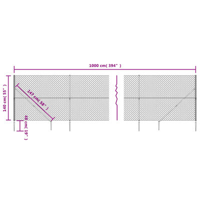 vidaXL Chain Link Fence with Spike Anchors Silver 1.4x10 m