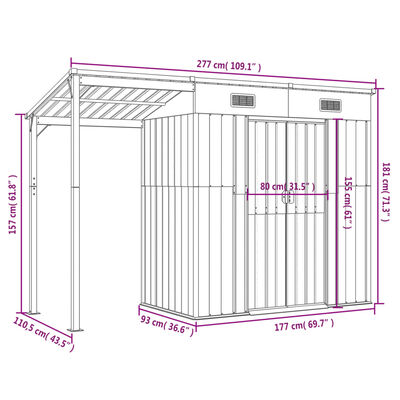 vidaXL Garden Shed with Extended Roof Light Brown 277x110.5x181cm Steel