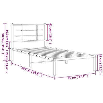 vidaXL Metal Bed Frame without Mattress with Headboard White 90x200 cm