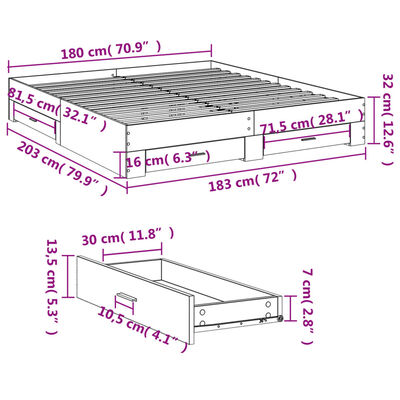 vidaXL Bed Frame with Drawers without Mattress Brown Oak 180x200 cm Super King