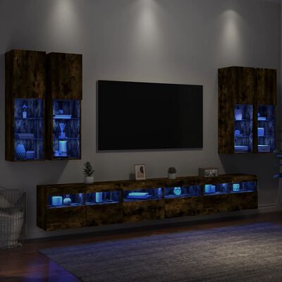 vidaXL 7 Piece TV Wall Cabinet Set with LED Lights Smoked Oak