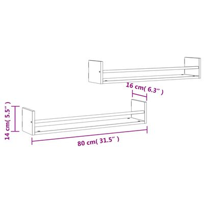 vidaXL Wall Shelves with Bars 2 pcs Grey Sonoma 80x16x14 cm