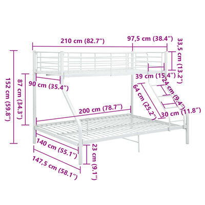 vidaXL Bunk Bed Frame without Mattress White Metal 140x200 cm/90x200 cm