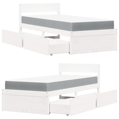 vidaXL Bed with Drawers and Mattress White 90x190 cm Single Solid Wood Pine