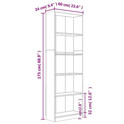 vidaXL 5-Tier Book Cabinet Brown Oak 60x24x175 cm Engineered Wood