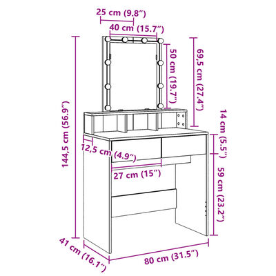 vidaXL Dressing Table with LED White 80x41x144.5 cm