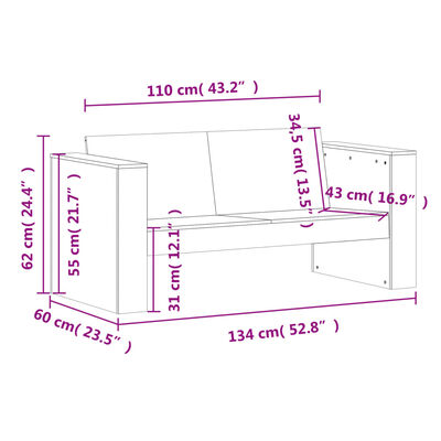 vidaXL Garden Sofa 2-Seater 134x60x62 cm Solid Wood Douglas