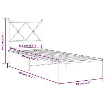 vidaXL Metal Bed Frame without Mattress with Headboard White 75x190 cm Small Single