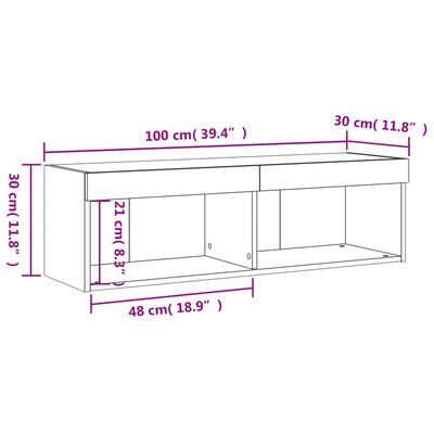 vidaXL TV Cabinet with LED Lights Smoked Oak 100x30x30 cm