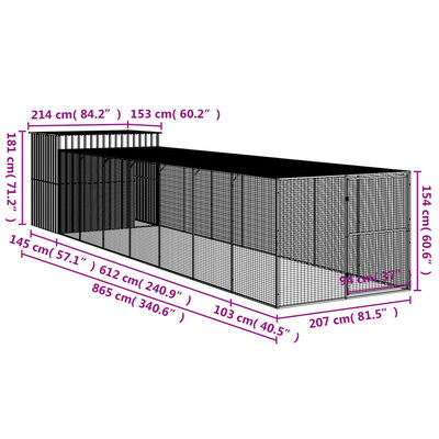 vidaXL Dog House with Run Light Grey 214x865x181 cm Galvanised Steel