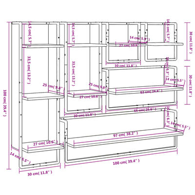 vidaXL 6 Piece Wall Shelf Set with Bars Grey Sonoma Engineered Wood