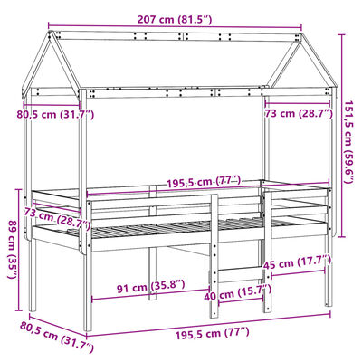 vidaXL High Sleeper Bed without Mattress White 75x190 cm Small Single Solid Wood Pine