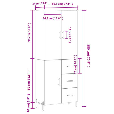 vidaXL Highboard White 69.5x34x180 cm Engineered Wood