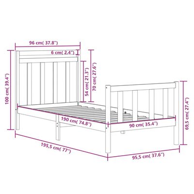 vidaXL Bed Frame without Mattress Black 90x190 cm Single Solid Wood