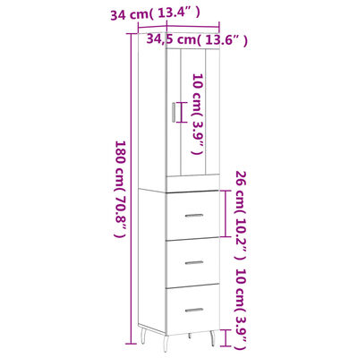 vidaXL Highboard High Gloss White 34.5x34x180 cm Engineered Wood