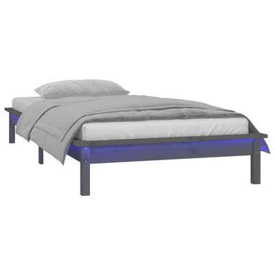 vidaXL LED Bed Frame without Mattress Grey 75x190 cm Small Single Solid Wood