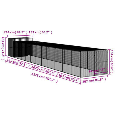 vidaXL Dog House with Run Light Grey 214x1273x181 cm Galvanised Steel