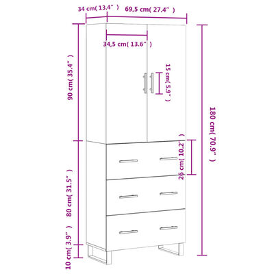 vidaXL Highboard White 69.5x34x180 cm Engineered Wood