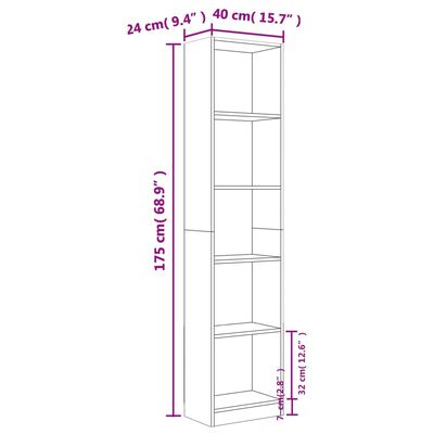 vidaXL 5-Tier Book Cabinet Grey Sonoma 40x24x175 cm Engineered Wood